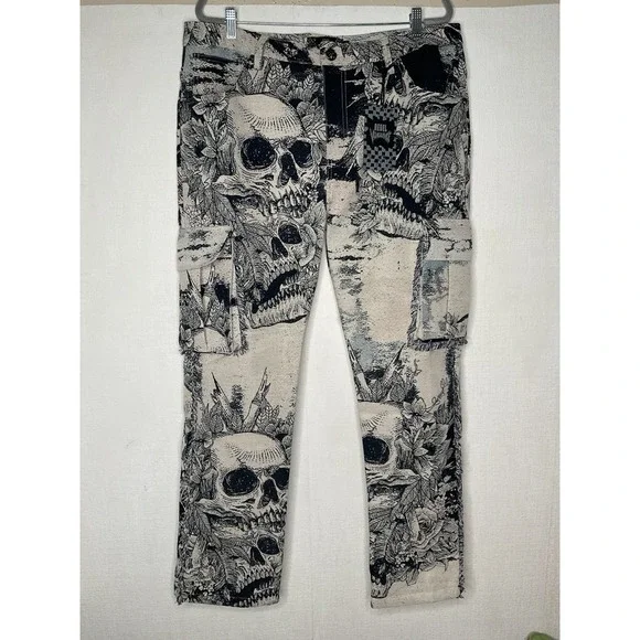 Rebel Vengeance Skull Skeleton Tapestry Cargo Pants Men's 36 Fringe On The Sides